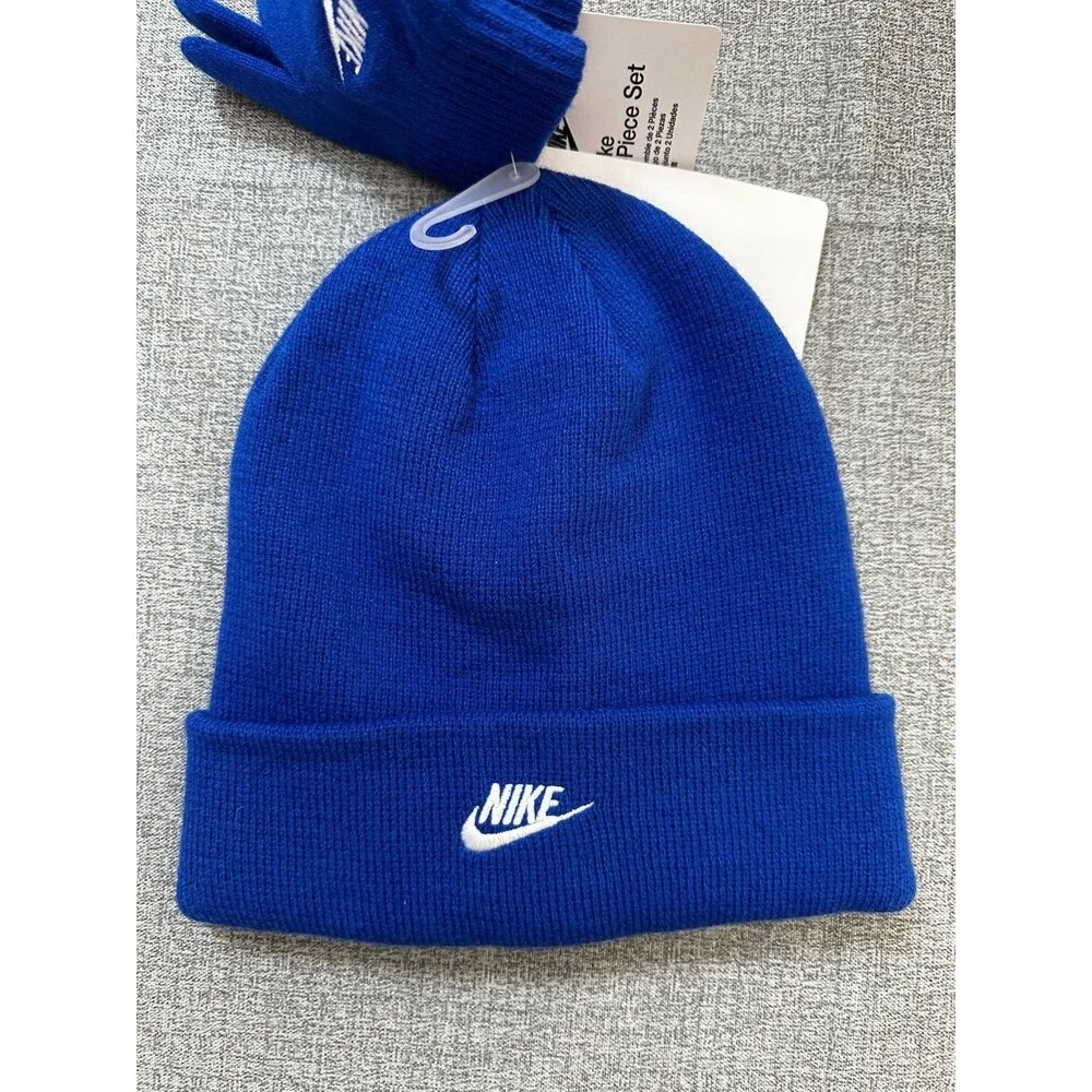 Nike Beanie & Gloves Set Kids Boys Unisex  Logo Blue White Knit